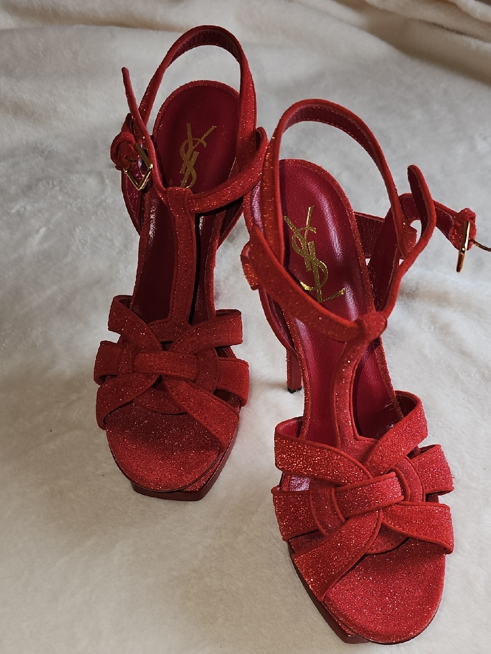 YSL AUTHENTIC 5INCH HEELS RED SPARKLE SANDALS 38.5 EU Or 8.5 USA Size NEW